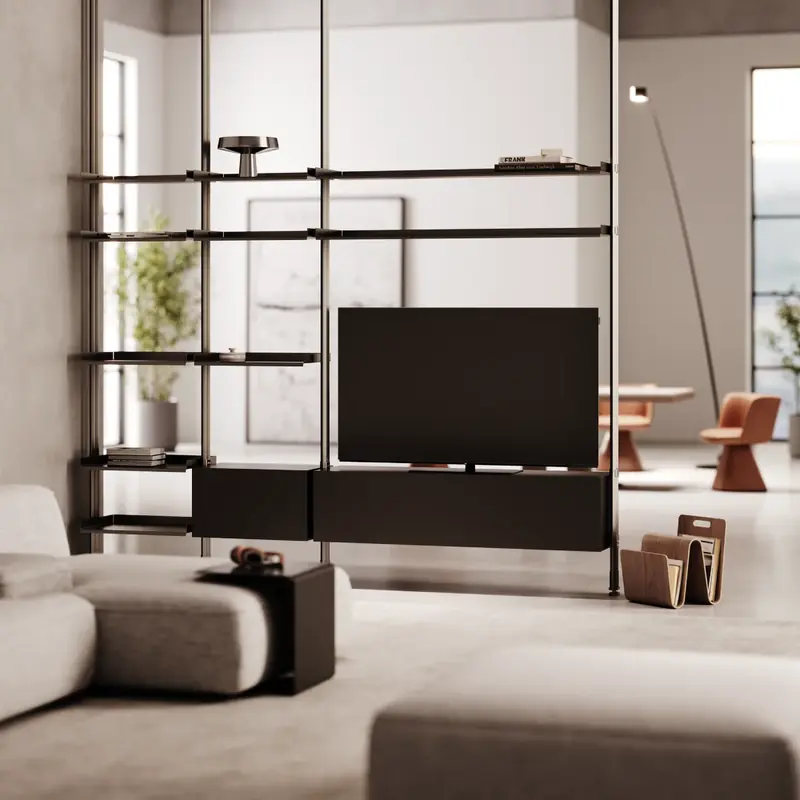Fernseher in einem offenen Regalsystem als Raumteiler in einem modernen Wohnbereich
