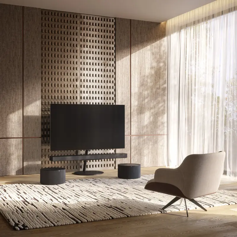 Fernseher auf einer Designstele vor einer Holzlamellenwand im Wohnzimmer