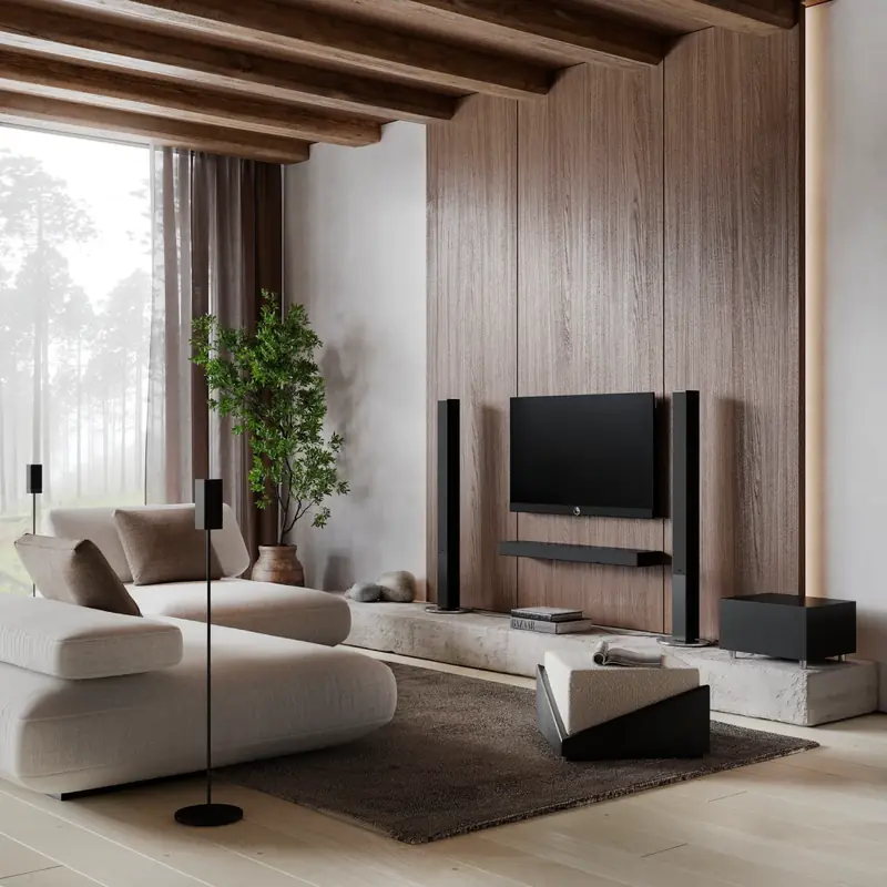 Heimkino mit Standlautsprechern, Soundbar und Fernseher an einer Holzwand im Wohnzimmer